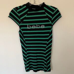 Y2K bebe Black and Green Striped Tee Dress with Crystal Logo. Size XS